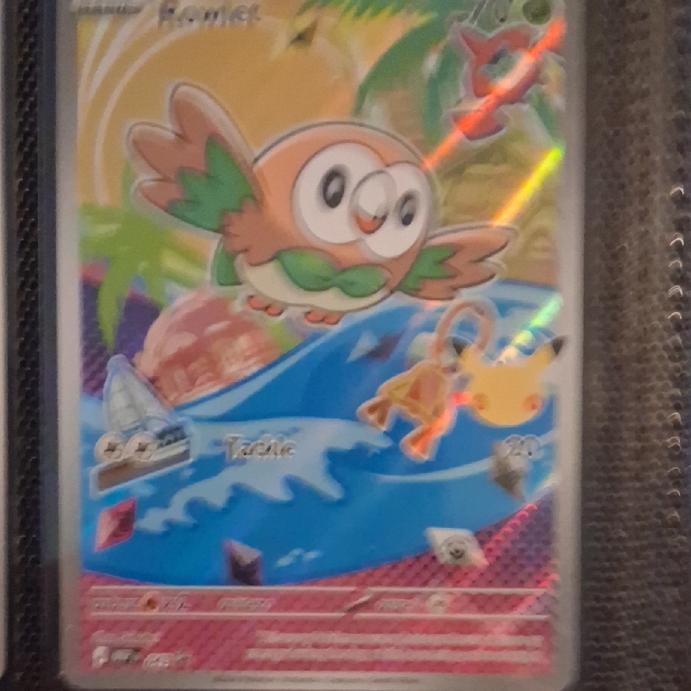 Pokemon Rowlet Holo Trading Card - Green, Brown, Blue, Pink